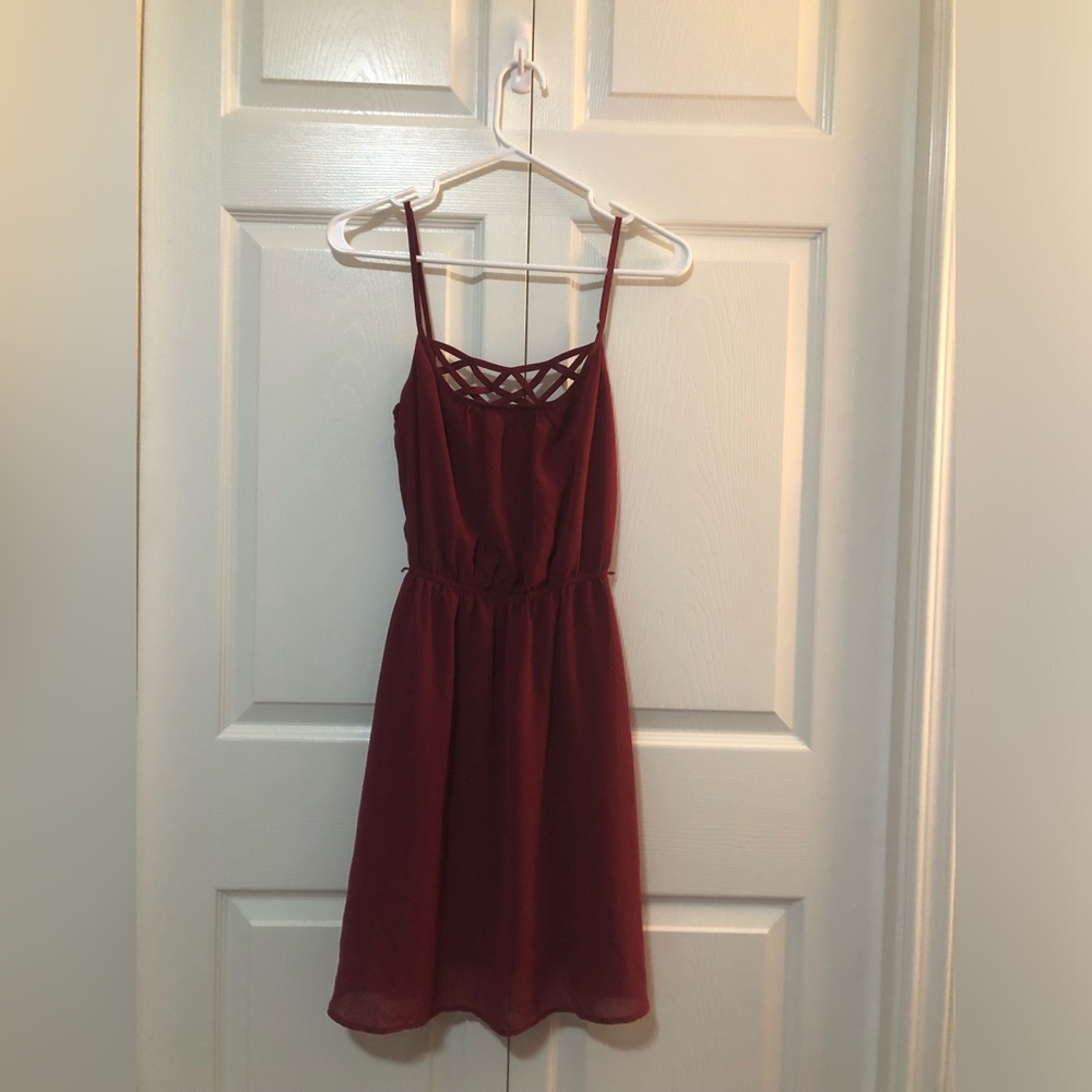 Studio Y Burgundy Spaghetti Strap Midi Dress with Lattice Neckline
